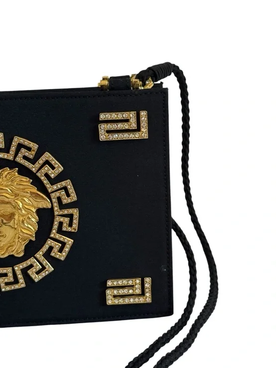Gianni Versace Couture Vintage Medusa Satin Shoulder Bag Black Gold Rhinestone - Picture 2 of 12